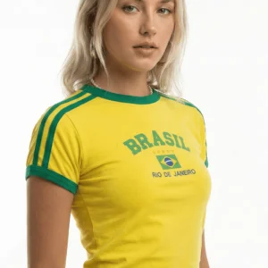 Camiseta Brasil Bordada BabyLook Feminina